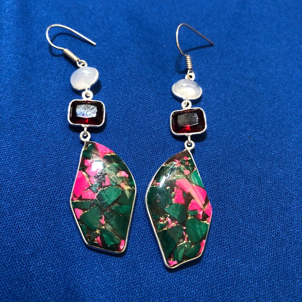Handmade Copper Malachite +Pink Agate Gemstone 925 Stamped Sterling Silver Set. - Picture 3 of 5